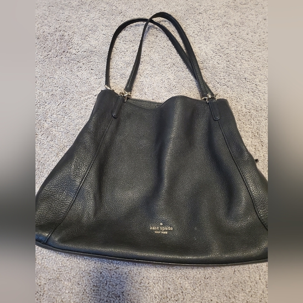 Kate Spade Black Pebbled Leather Tote Bag With Triple Compartments